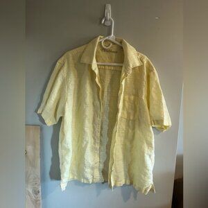 Caribbean Pale Yellow Linen Button-Up Shirt with Embroidered Logo linen cotton